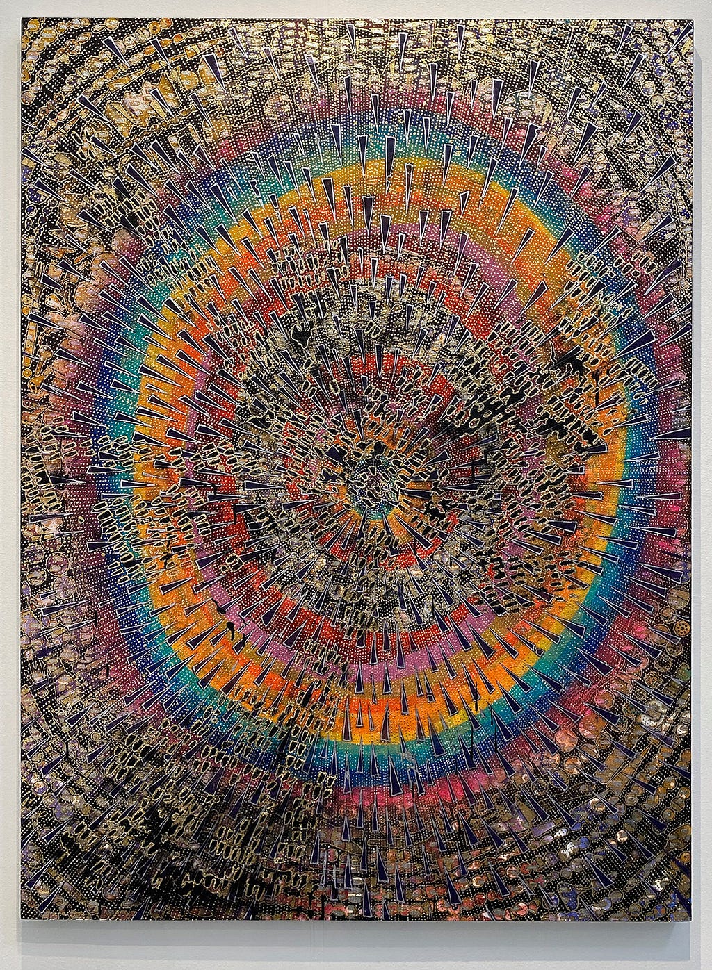 Circular rainbow mixed media work on linen