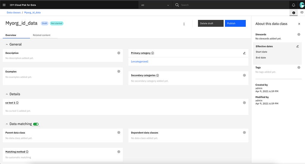 screenshot of a draft page for a new data class called “Myorg_id_data”. It has two buttons “delete draft” and “publish”, and two tabs “overview” and “related content”, with the overview tab being shown. This tab contains the section “general” with fields “description”, “examples”, “primary category”, and “secondary categories”, the section “details” with field “ca text 1” and the section “data matching” with fields “parent data class”, “dependent data classes” and “matching method”