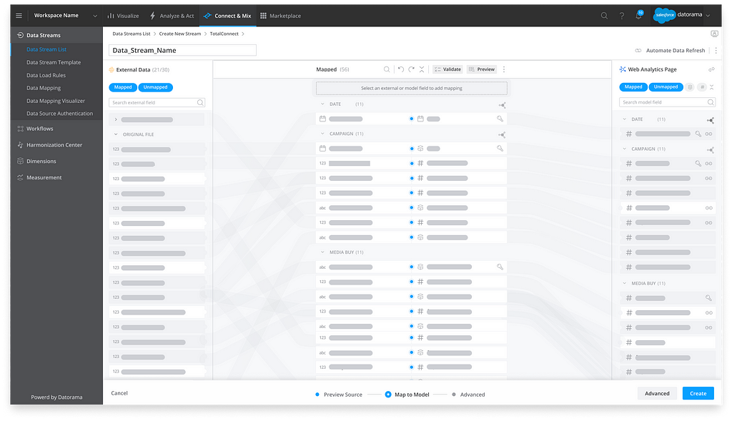 Image shows a screen with left navigation and updated view of data streams, with more columns.