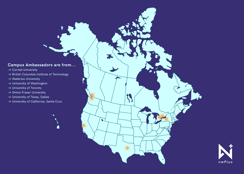A map of Canada and the United States with dots representing locations of each of our Campus Ambassadors.
