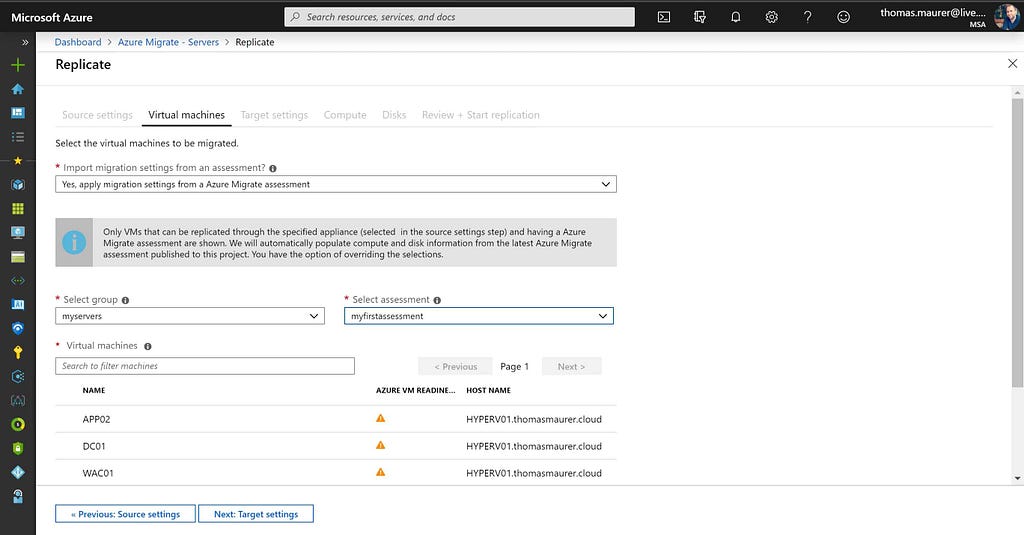 Azure Migrate Select Hyper-V VMs