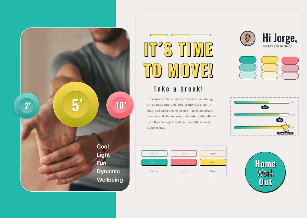 The image shows a combination of all the elements needed for the project. It has three buttons, a title that says “It’s time to move!”, the three main colors (mint, yellow and coral), some examples of other buttons and the progress bar and the logo for “Home Work Out”.