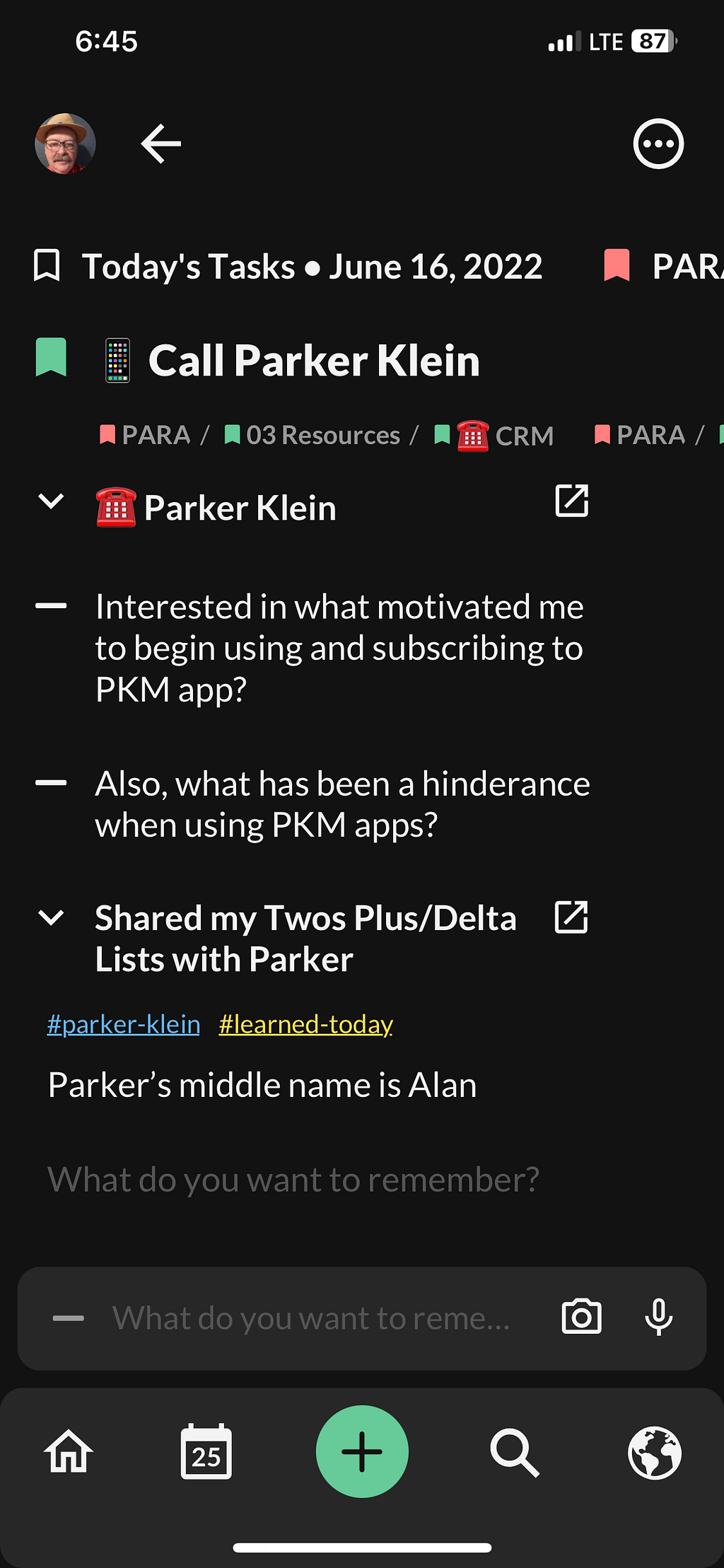 A screenshot for a Twos list entry for June 16, 2022 stating “Call Parker Klein.”