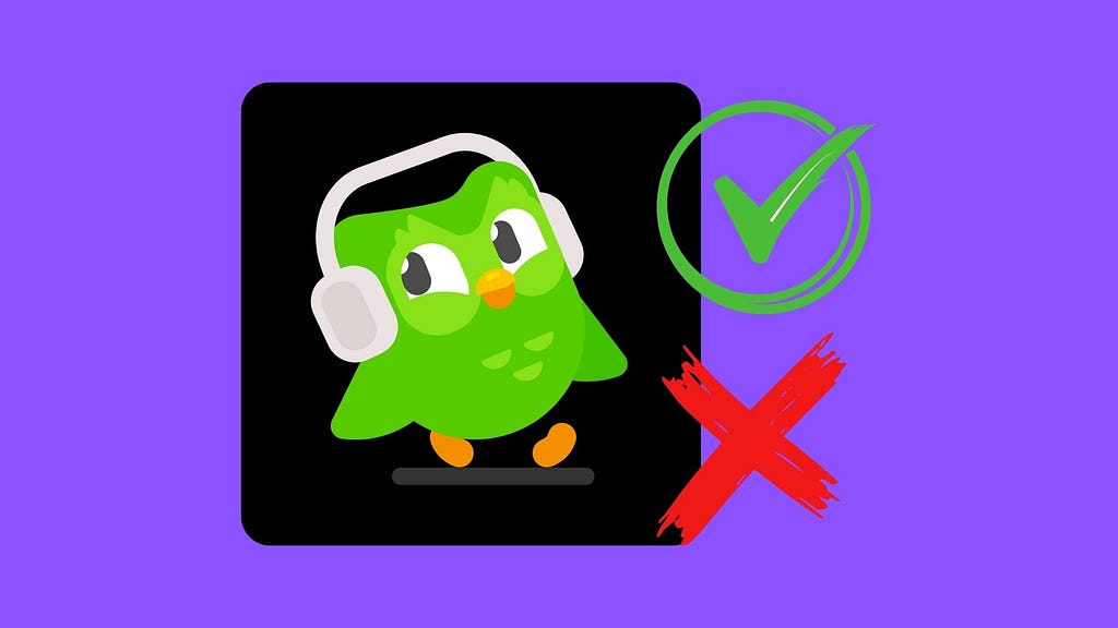 Duolingo Bird with a green tick and red cross next to it