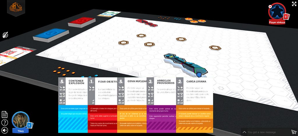 A screen capture of a playtest session of my game on Tabletopia showing the different elements of the game.