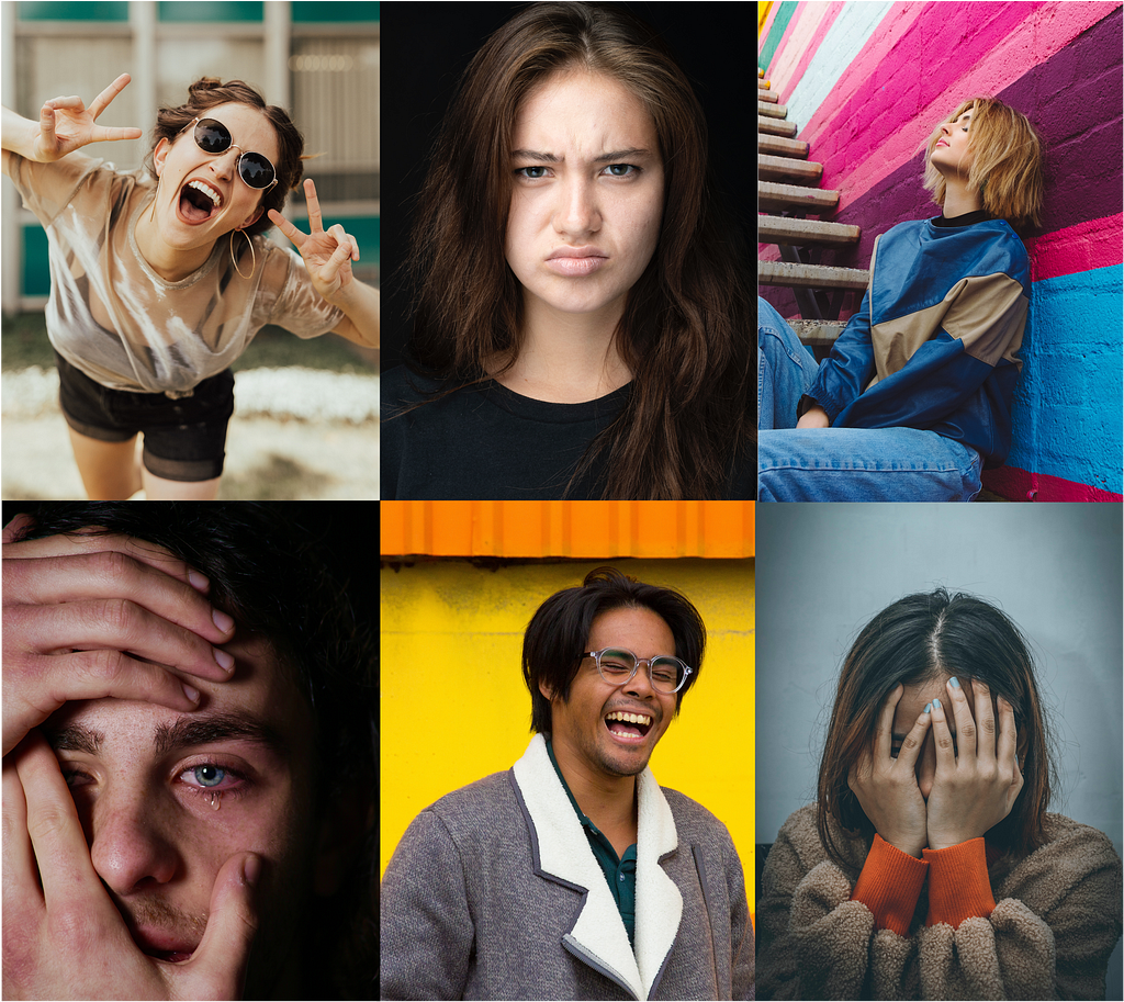 Six people expressing different moods of joy, laughter, calm, sadness, anger, defeat