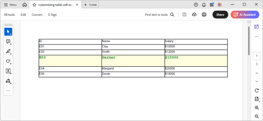 Customizing rows in a PDF table using the .NET PDF Library