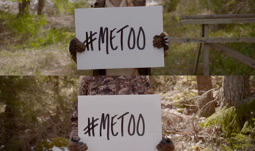 Two photographs, each of which shows a pair of hands holding up a sign that says #METOO. The people holding the signs are standing in a forest.