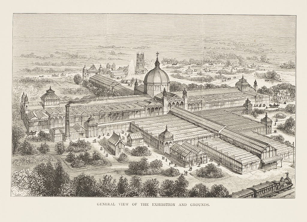 Large cross-shaped building with central dome surrounded by gardens with fountain, glasshouses, people and approaching train.