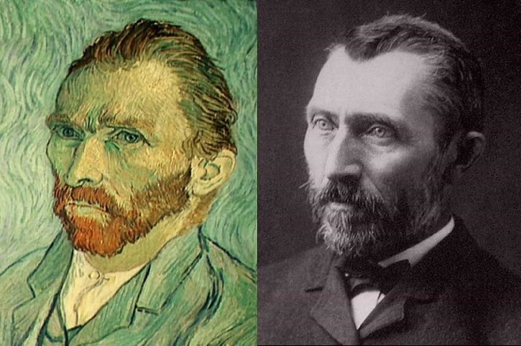 A la izquierda un retrato pictórico tradicional de Vicent van Gogh, a la derecha un retrato fotográfico en blanco y negro. Ambos son la misma persona, aunque transmiten gestos diferentes,