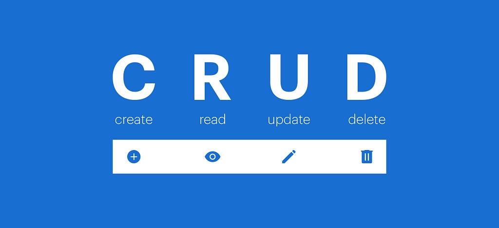 The CRUD acronym stands for the Create, Read, Update, and Delete operations, which are complemented by associated icons: a plus sign for Create, an eye icon for Read, a pencil icon for Update, and a trash bin or garbage can icon for Delete.