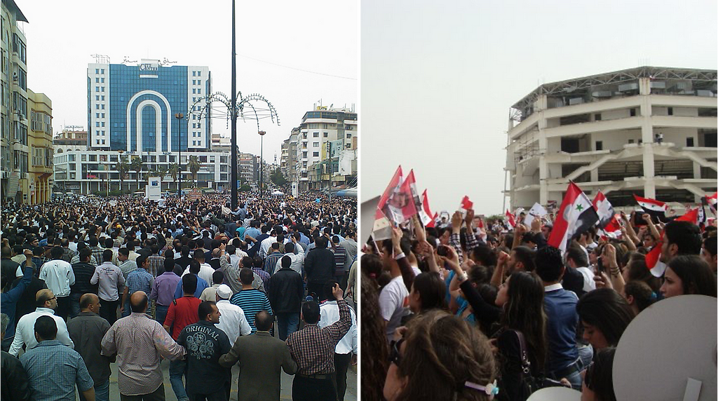 New collective identities emerging in Syria. Left: anti-government demonstration in Homs. Right: pro-government demonstration in Lattakia.