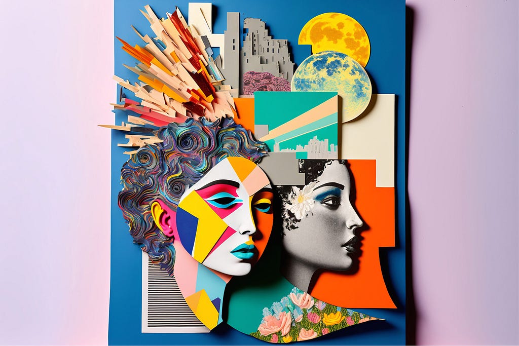 Abstract, colourful  collage of a woman‘s face generated by AI