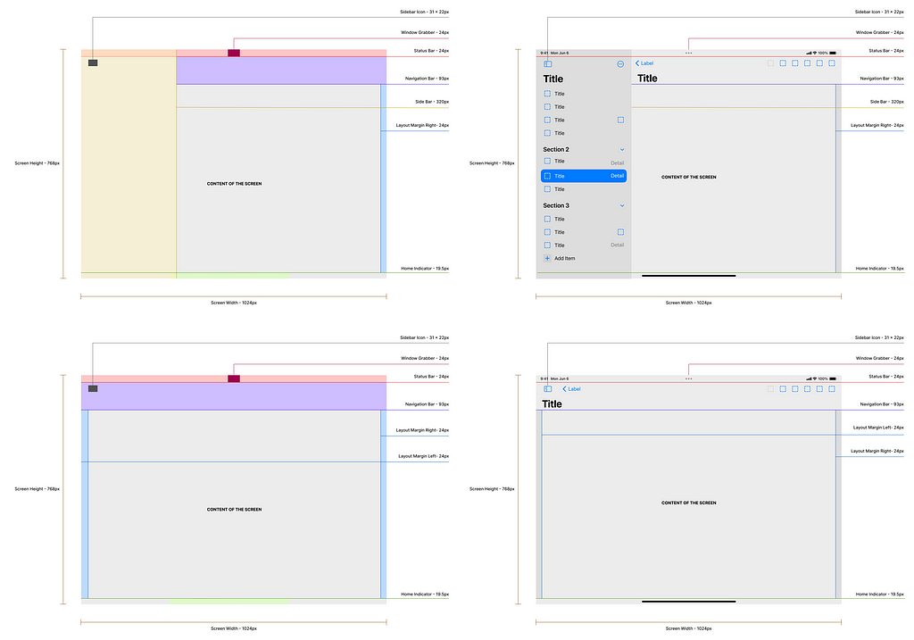 iPadOS User Interface layout guidelines for an iPad with a sidebar in landscape mode; Top — Landscape Expanded Sidebar; Bottom — Landscape Collapsed Sidebar