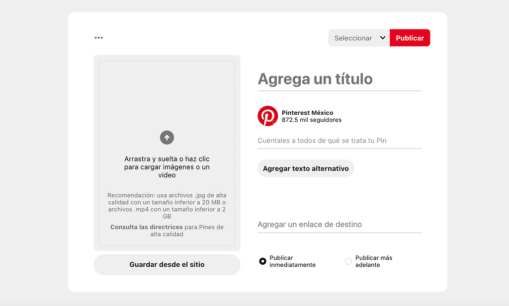 El sitio web de Pinterest se abrió en el navegador en la opción “crear un Pin”, que ilustra la herramienta de texto alternativa.