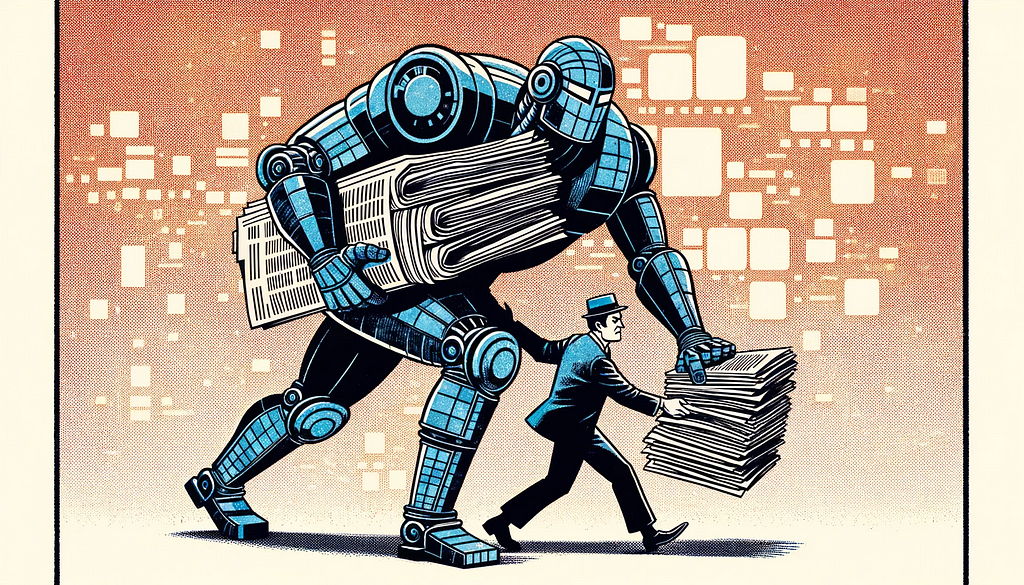 An imposing figure symbolizing AI technology taking newspapers from a smaller figure representing traditional journalism, against a digital background