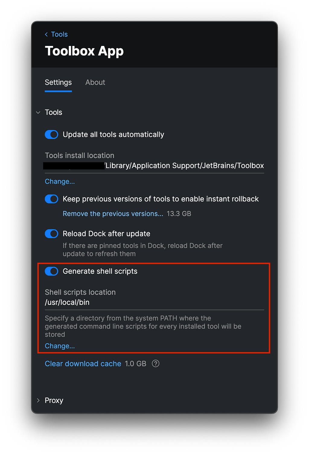 JetBrains Toolbox Settings