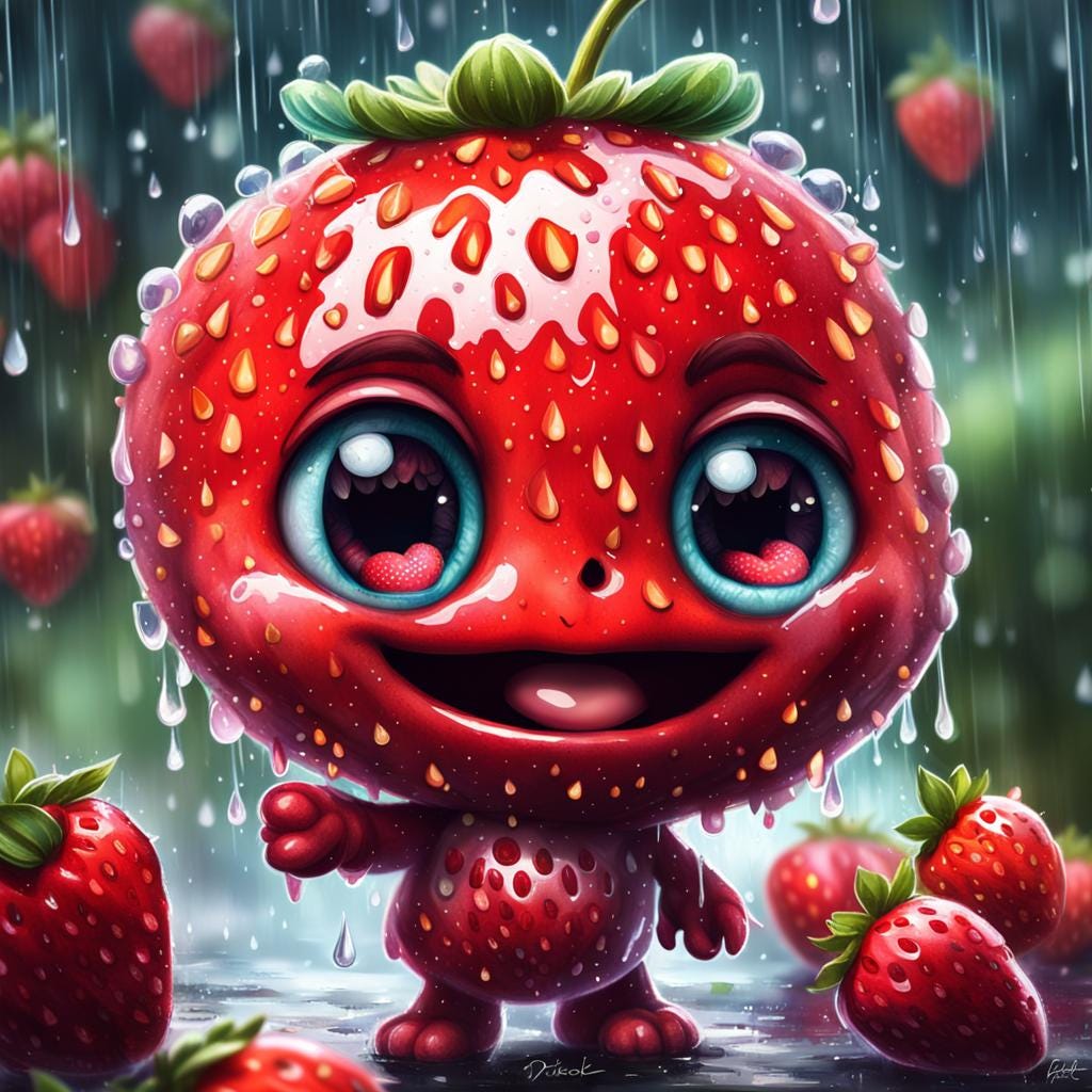 Adorable Portrait of Chibi Strawberry Singing in the Rain — AI Image Prompt