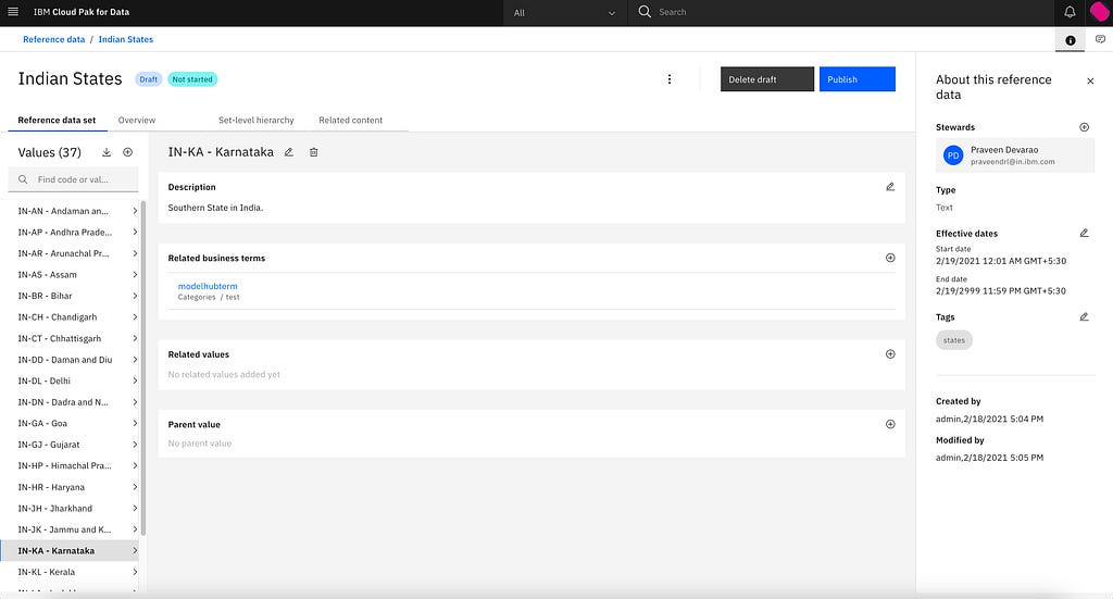 screenshot of a page for administering the reference data set Indian States