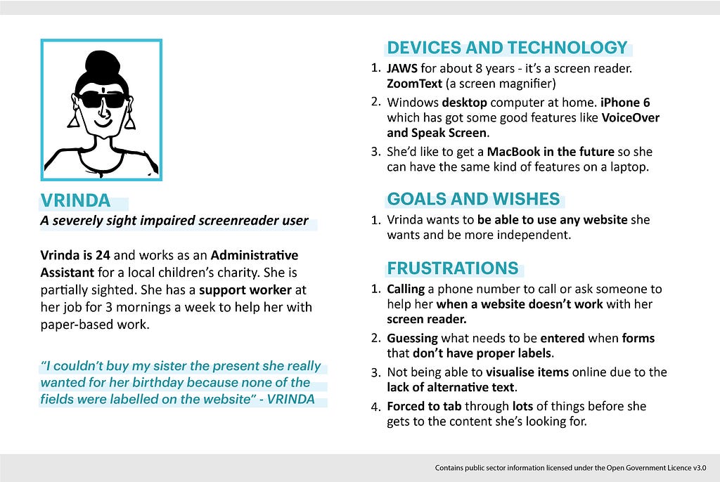 This image consists of a persona for users like Vrinda who need to use screenreaders as they are sight impaired