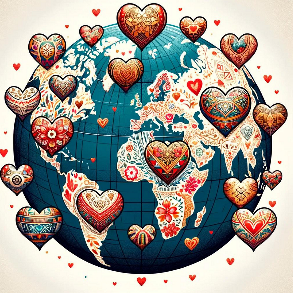 Illustration showing a globe with hearts placed over various countries