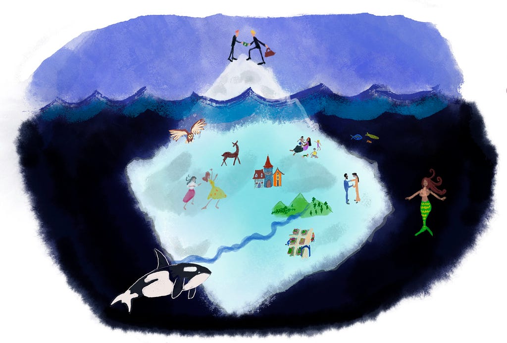 A stylized iceberg floats in the ocean, with two business-suited figures shaking hands at its small, visible peak. Below the water’s surface, the much larger submerged portion features whimsical scenes — a dancing pair, a deer, a castle, a couple with children, an orca, a mermaid, an owl in flight, and small fish — suggesting a hidden world under the waves.