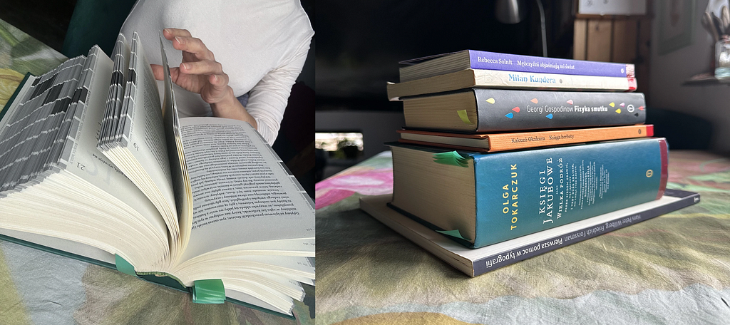 On the left: a person holding The Books of Jacob open — the sheer volume of pages is visible, and the physical effort of keeping the book open is evident in the position of the hand. On the right: a stack of books on a table, with The Books of Jacob by Olga Tokarczuk at the bottom, visibly dominating the pile in both size and thickness compared to the other books stacked on top of it.