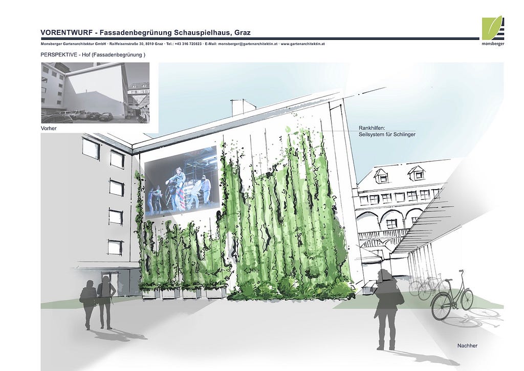 A sketch of a façade of a building with plants and green foliage covering its surface.