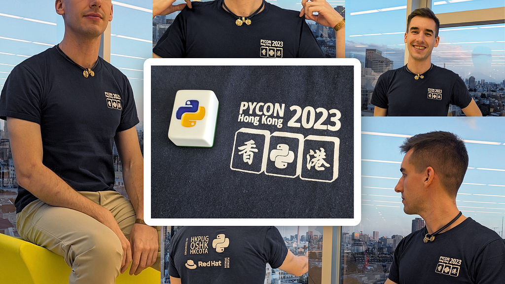 A collage of the navy PyCon HK tee. The logo features the name of the conference, as well as images of mahjong tiles. Additionally, a physical mahjong tile with the Python logo is placed on the shirt.