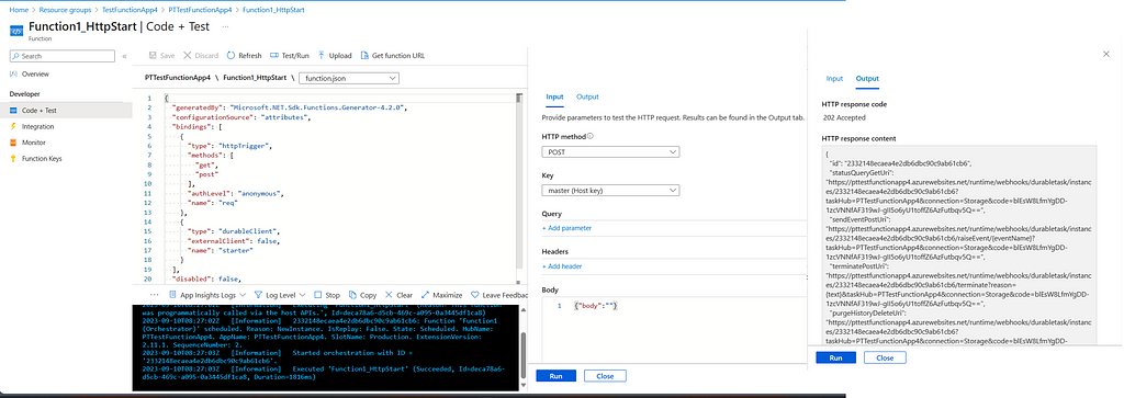 Azure portal image for the test run input and output of azure function execution