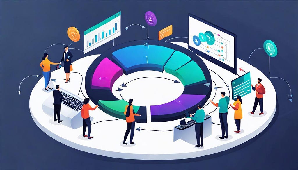 Various workers gather around a colorful circle of moving ideas and technologies. People are analyzing, talking, and generating ideas that keep the circle propelling forward.