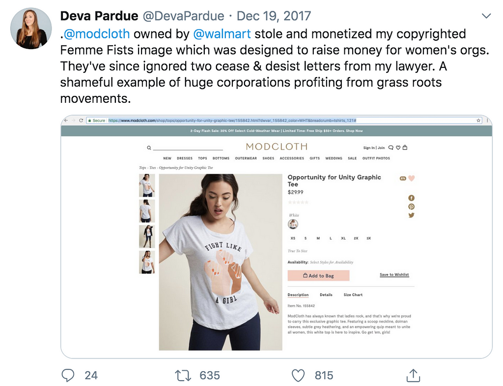 A tweet by Deva Pardue calling Walmart out for stealing her Femme Fists image.