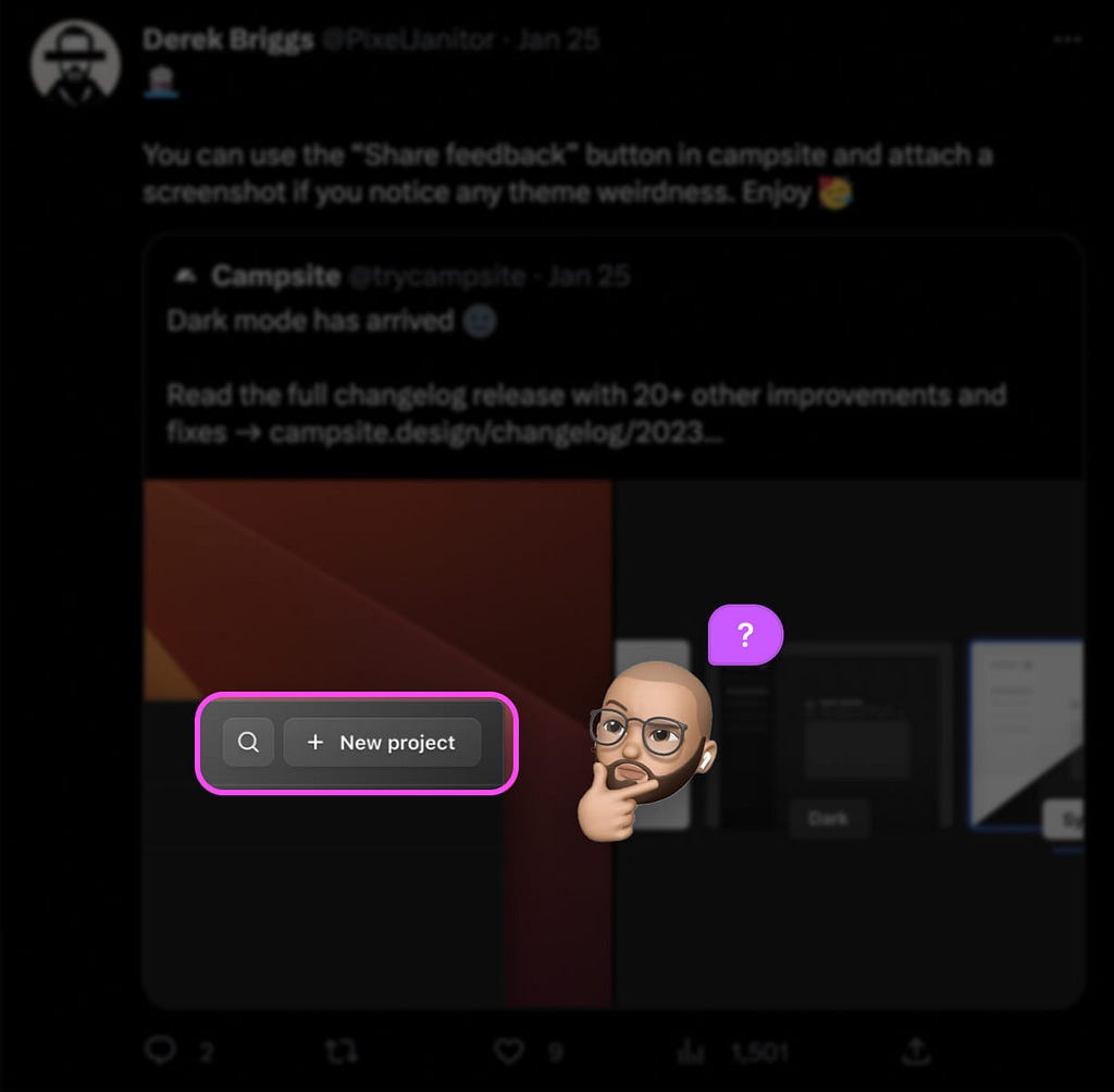 A screenshot of a tweet showing User Interfaces examples. In one of the examples, a button is highlighted. There's a Memoji of the author looking curious with a balloon over his head with a question mark.