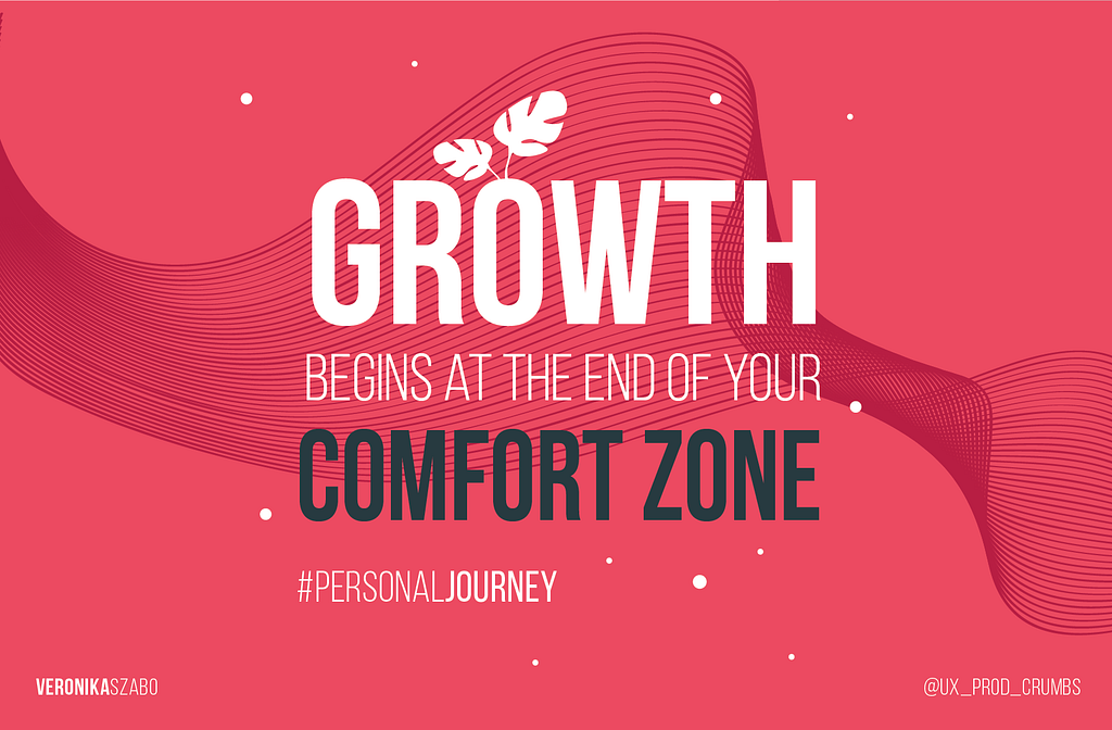 Pinkish magenta background with abstract lines, big white letters saying: Growth begins at the end of your comfort zone.