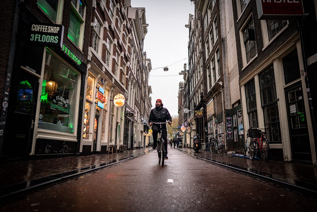 Cycling through Amsterdam, Netherlands