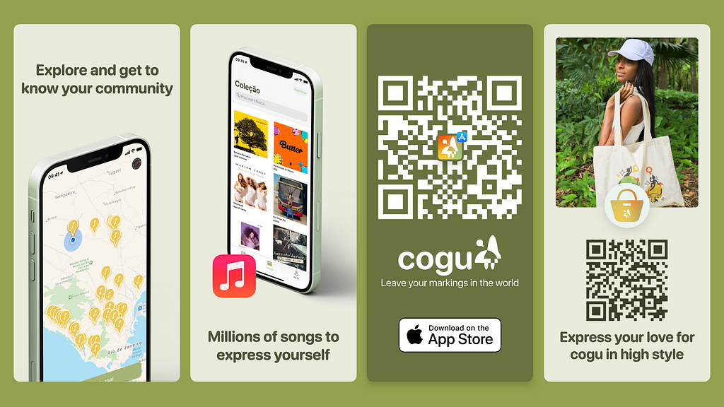 An image with 4 sections showing what you can do with the app. The first says you can explore your community with cogu, the second says about the music variety, the third is a QR Code link for downloading the app and the last is a QR Code link for the Cogu Store.