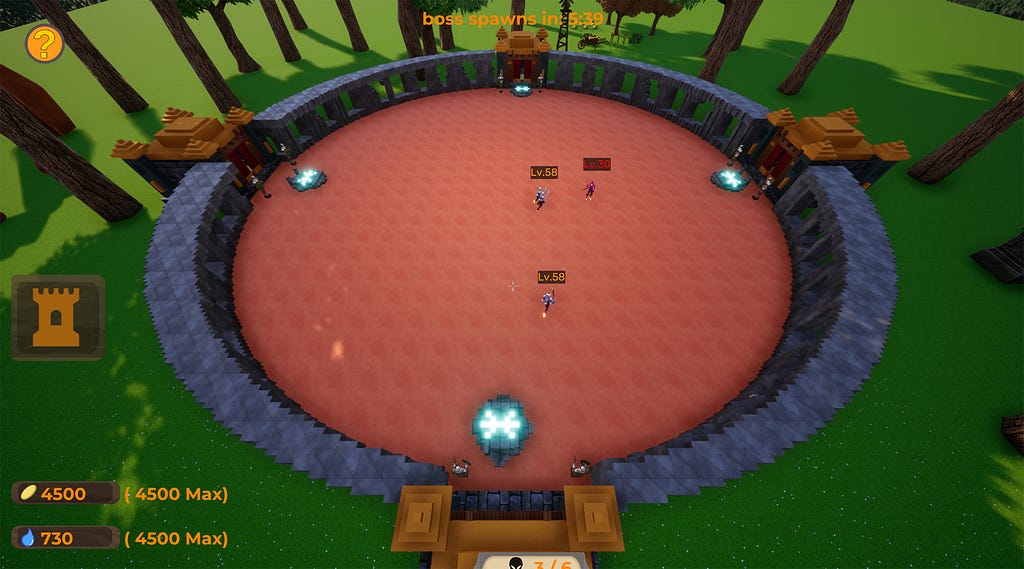 A round arena, seen from above. Human warrior are crossing the arena — from our viewpoint they look tiny.