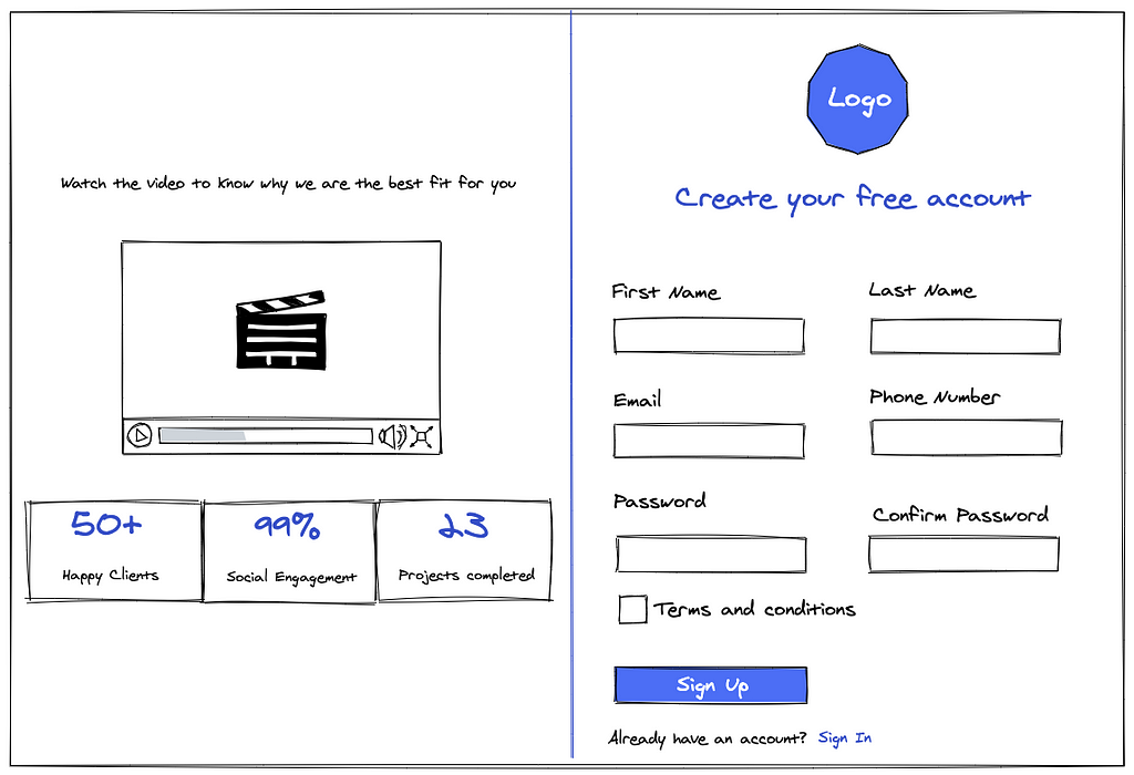 A wireframe created with Excalidraw