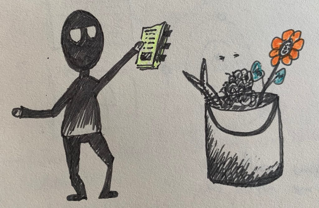 A sketch of a ninja holding a briefing and a bucket of nice things and rubbish.