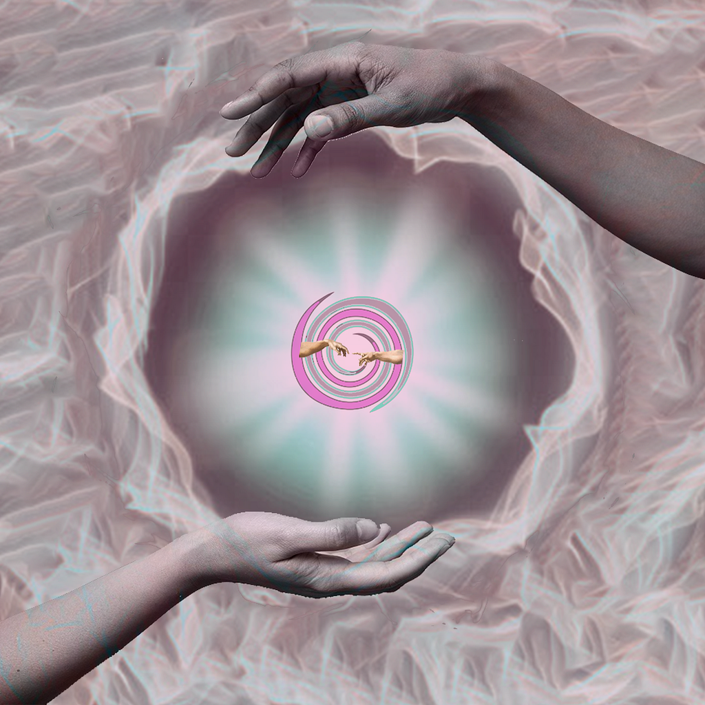 Two people trying to connect or reach out. Only hands are shown here and the hands appear to create some kind of greyish-blue spectrum field, which is forming a ball kind of structure and have tint of pink in it. The internal whirlpool can be seen with another set of hands reaching out (Hands from ‘Creation of Adam’).