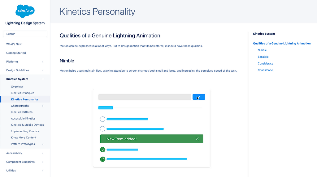 A screen shot of a page displaying the Salesforce Kinetics Personality from the Kinetics System Guidelines on the Lightning Design System site.