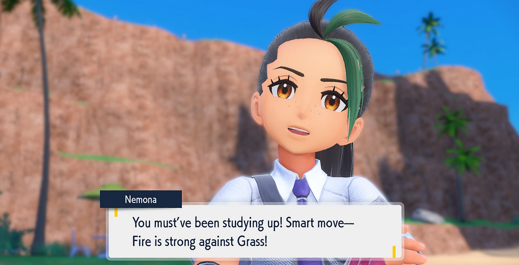 Nemona from Pokemon Scarlet / Violet explaining that Fire types are strong against Grass types