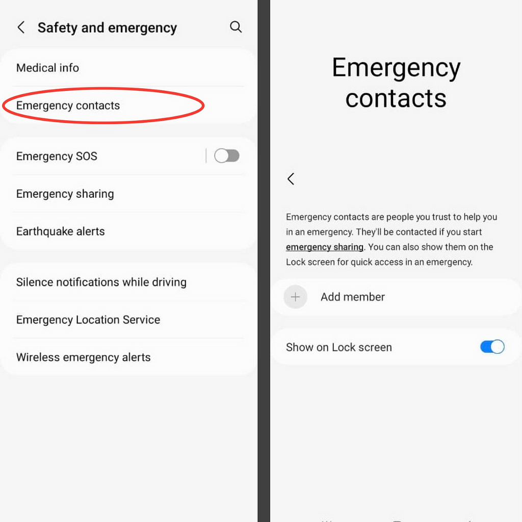 Screenshots Showing How to Add Emergency Contacts on Android Devices