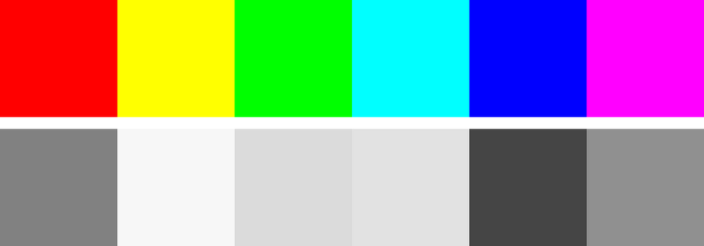 RGB primary and secondary colours and their greyscale equivalents.