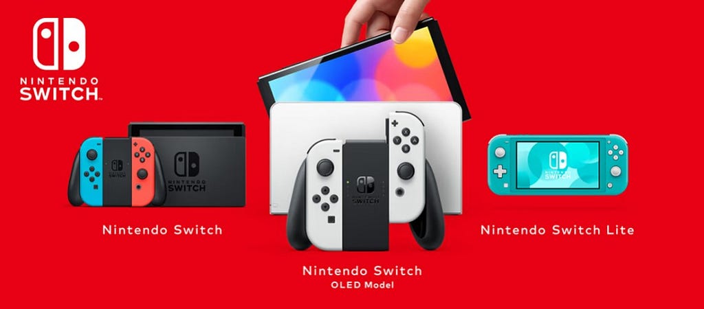 A line up of the Nintendo Switch, Switch OLED, and Switch Lite