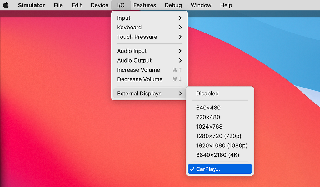 Screenshot on a Mac to shows the menu item I/O, External Displays, CarPlay selected