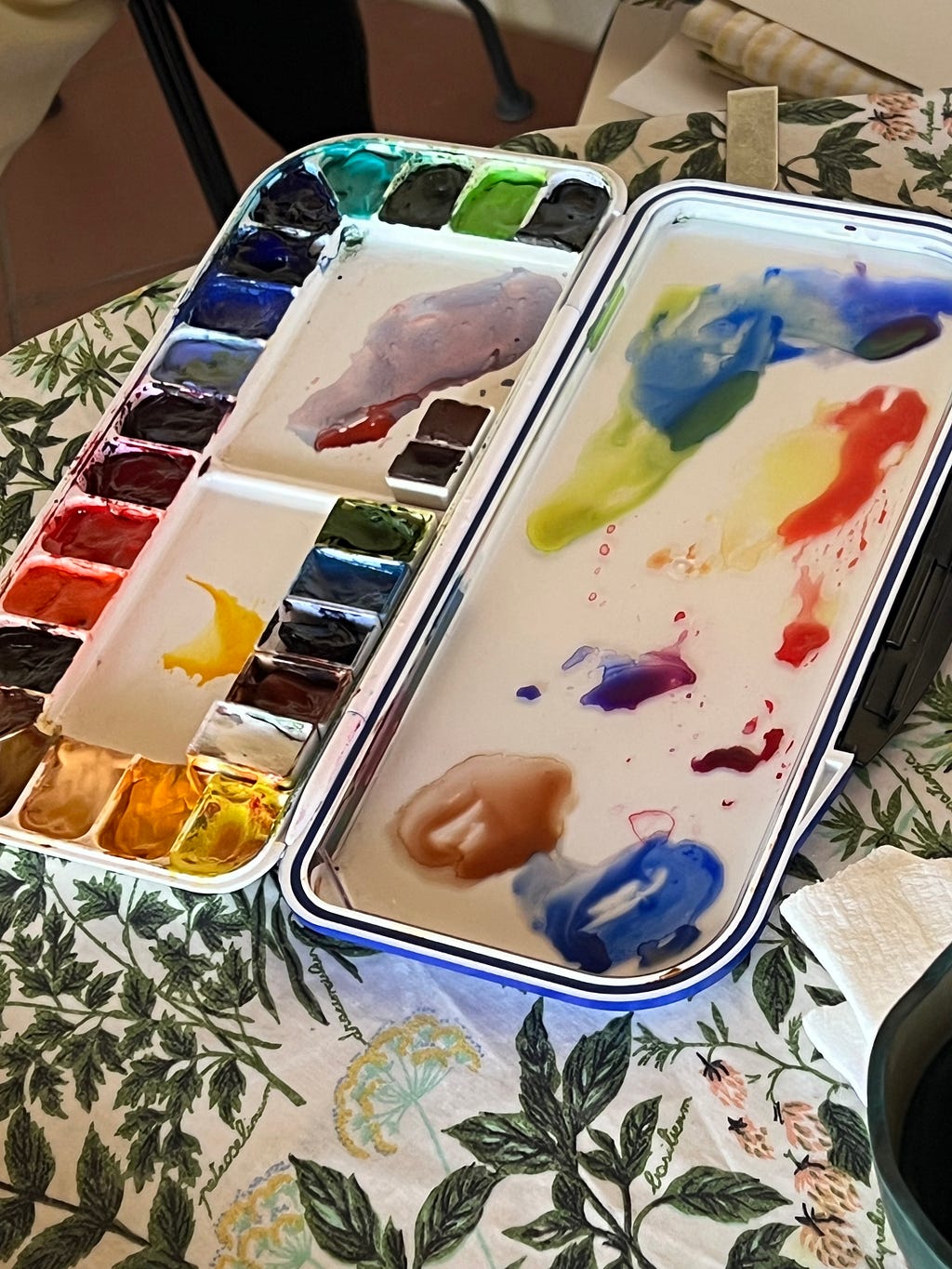 Roxanne’s watercolor palette is a color-work in progress. Every tray has a color that matters