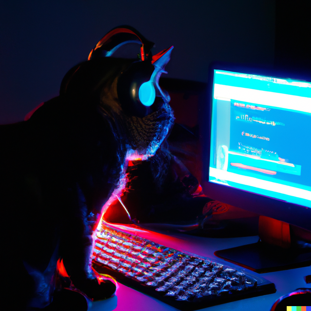 A cat coding in a dark room with headphones and facing monitor
