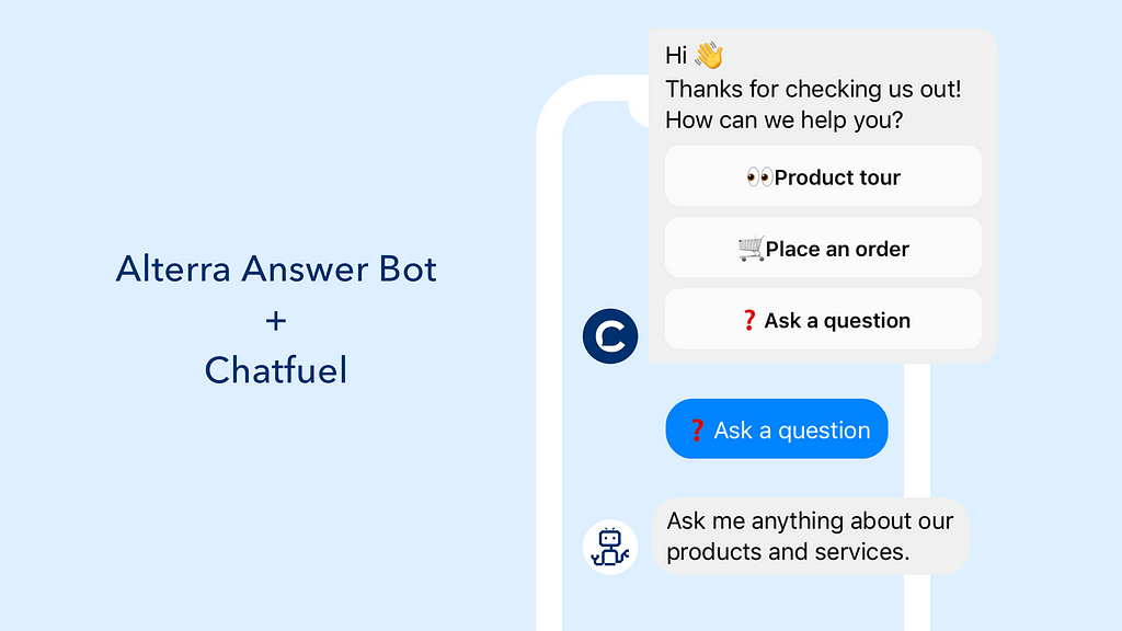 Alterra.ai— Chatfuel Integration. Chatfuel guides users through a predefined path — Alterra answers free-text questions.