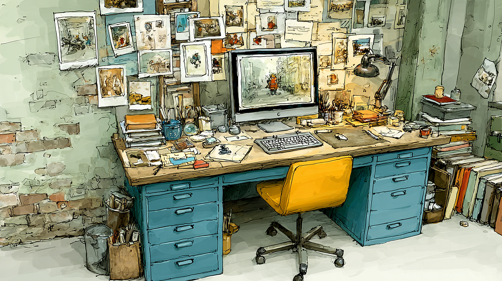A drawing of a crowded desk with multiple pictures and sketches on the wall